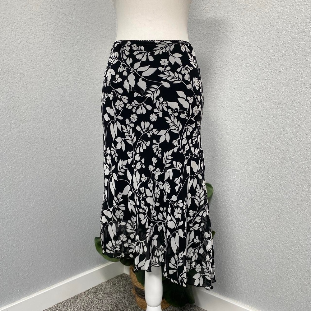 MY MICHELLE BLACK WHITE FLORAL MIDI ASYMMETRICAL RUFFLE HEM SKIRT BOHO GRUNGE